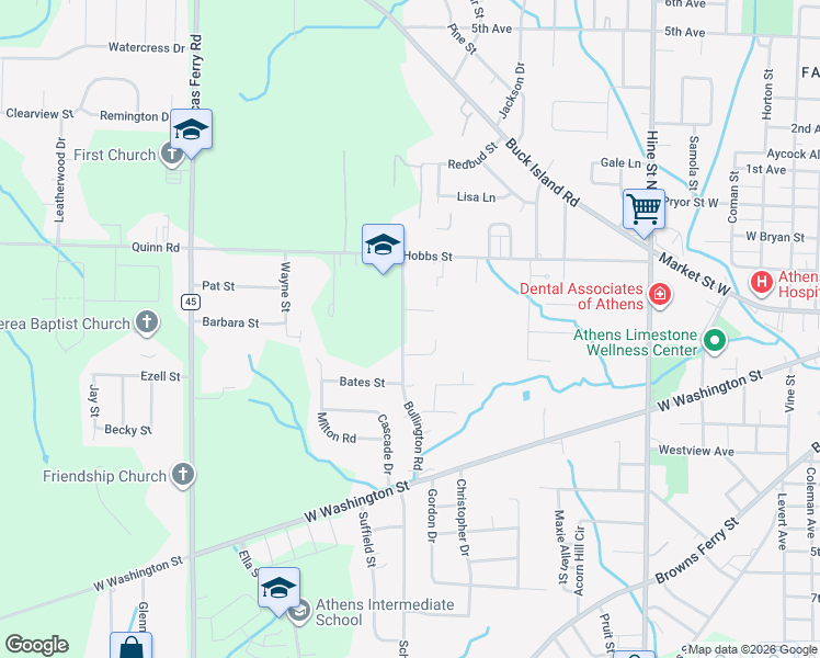 map of restaurants, bars, coffee shops, grocery stores, and more near 204 Bullington Road in Athens