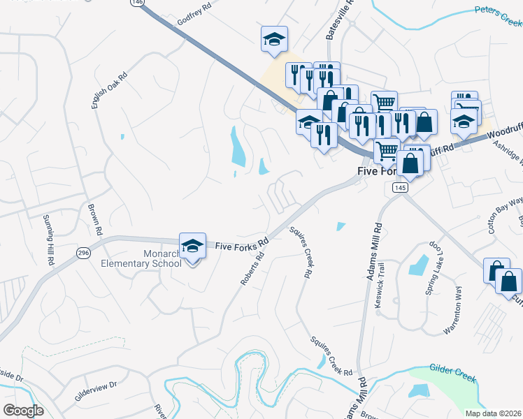 map of restaurants, bars, coffee shops, grocery stores, and more near 119 Birch Hill Way in Simpsonville