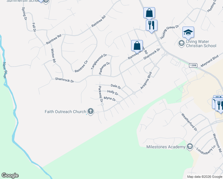 map of restaurants, bars, coffee shops, grocery stores, and more near 414 Holly Drive in Jacksonville