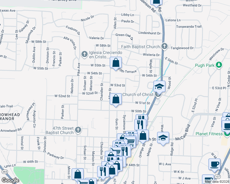 map of restaurants, bars, coffee shops, grocery stores, and more near 419 West 52nd Street in North Little Rock