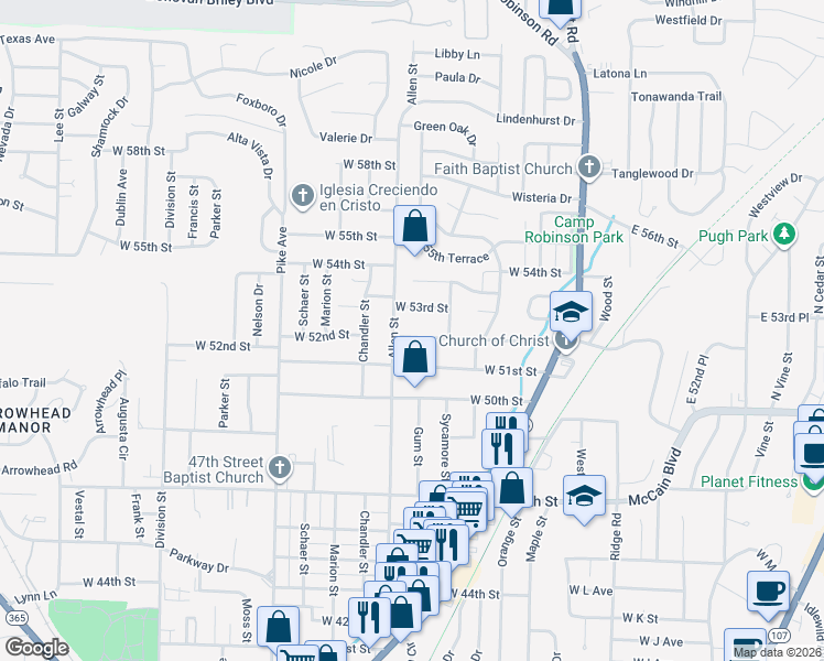 map of restaurants, bars, coffee shops, grocery stores, and more near 419 West 52nd Street in North Little Rock
