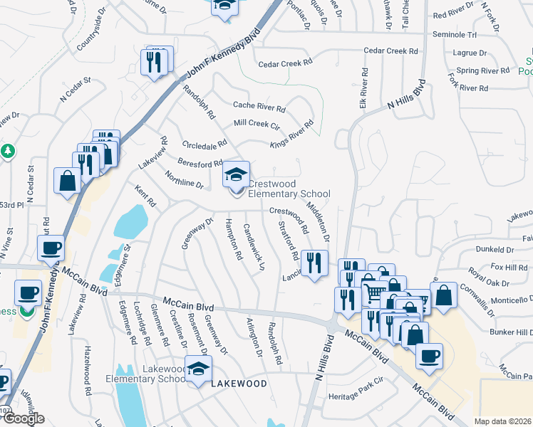 map of restaurants, bars, coffee shops, grocery stores, and more near 5212 Randolph Road in North Little Rock