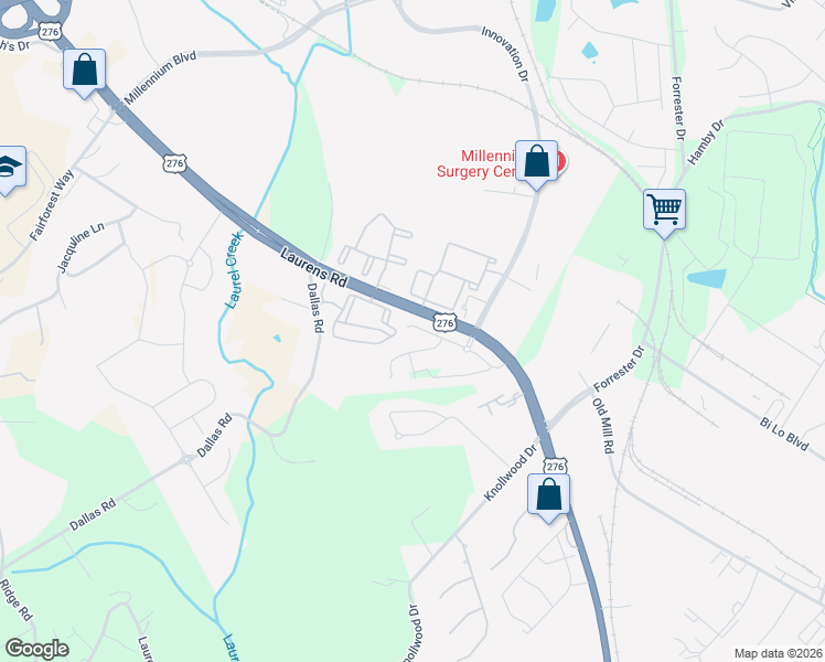 map of restaurants, bars, coffee shops, grocery stores, and more near 3434 Laurens Road in Greenville