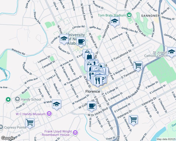 map of restaurants, bars, coffee shops, grocery stores, and more near 401 North Court Street in Florence