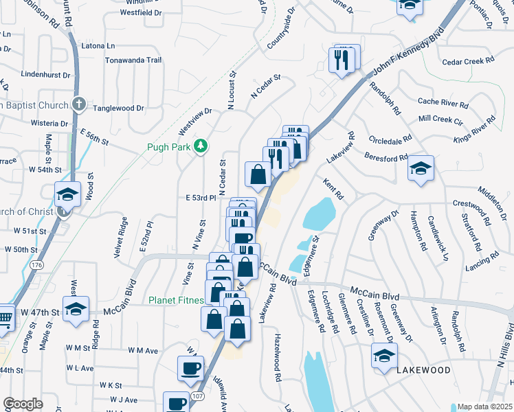 map of restaurants, bars, coffee shops, grocery stores, and more near 5209 John F Kennedy Boulevard in North Little Rock