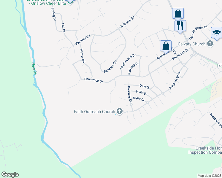 map of restaurants, bars, coffee shops, grocery stores, and more near 106 Timber Lane in Jacksonville
