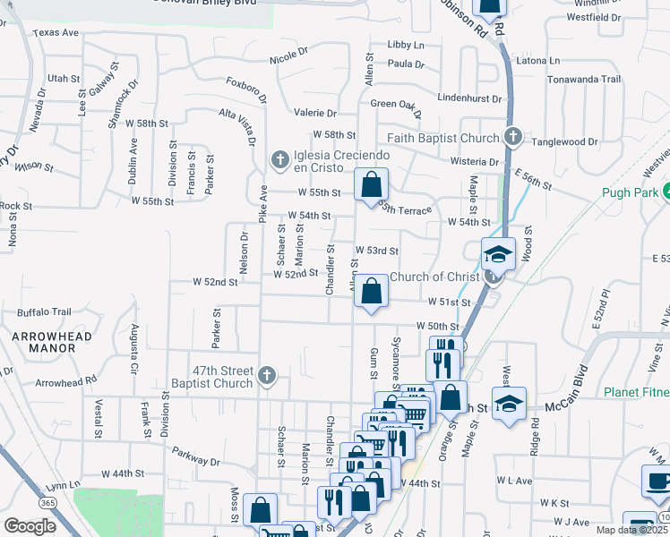 map of restaurants, bars, coffee shops, grocery stores, and more near 5202 Chandler Street in North Little Rock