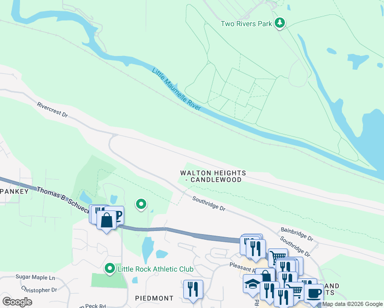 map of restaurants, bars, coffee shops, grocery stores, and more near 12300 Rivercrest Drive in Little Rock