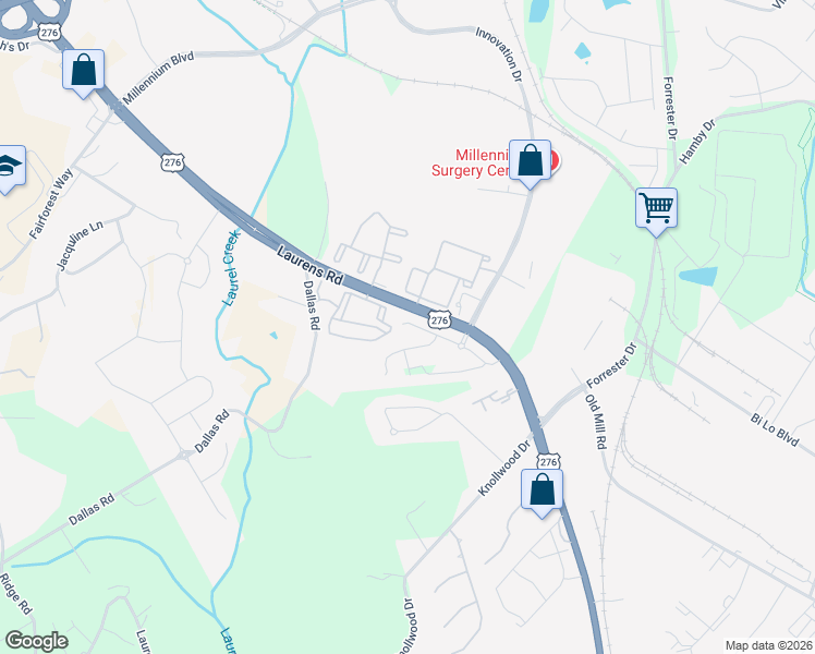 map of restaurants, bars, coffee shops, grocery stores, and more near 3434 Laurens Road in Greenville