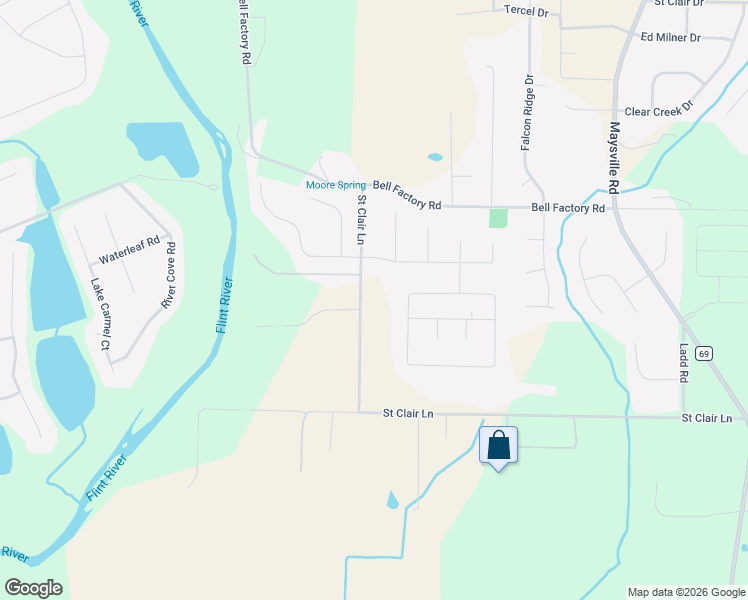 map of restaurants, bars, coffee shops, grocery stores, and more near 215 Saint Clair Lane in Huntsville