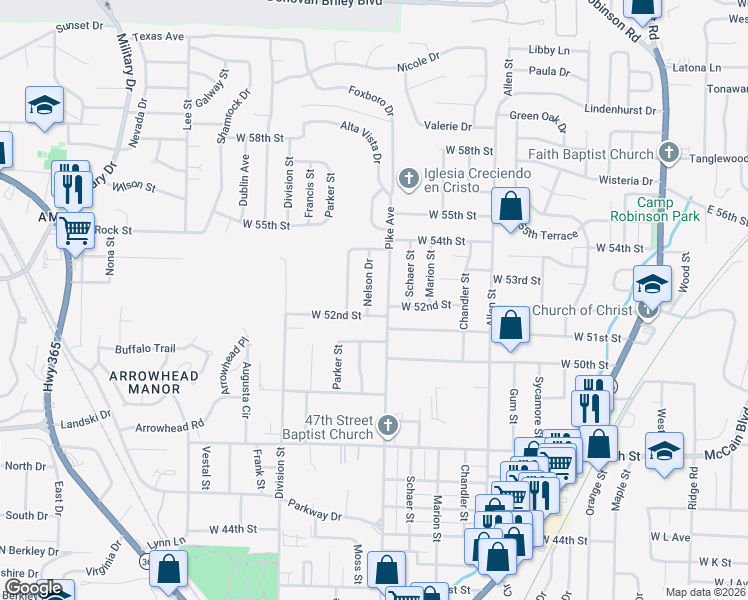 map of restaurants, bars, coffee shops, grocery stores, and more near 5205 Nelson Drive in North Little Rock