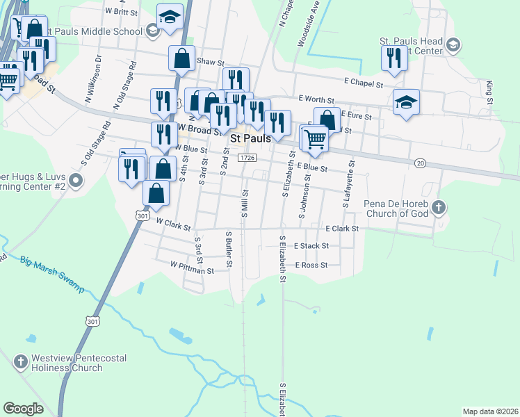 map of restaurants, bars, coffee shops, grocery stores, and more near 348 South Burlington Street in Saint Pauls