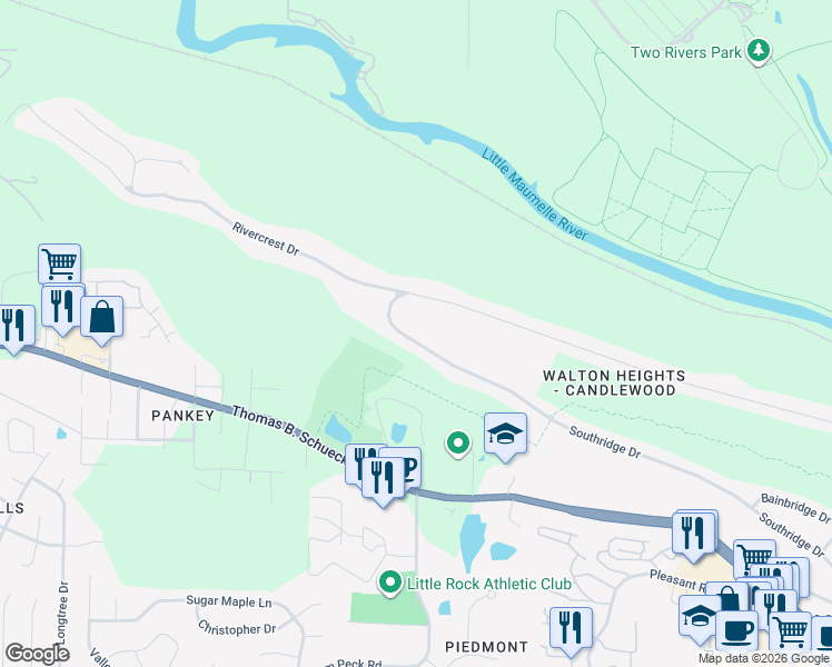 map of restaurants, bars, coffee shops, grocery stores, and more near 12840 Southridge Drive in Little Rock