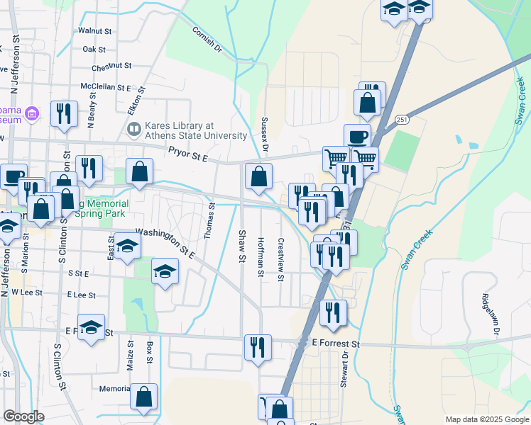 map of restaurants, bars, coffee shops, grocery stores, and more near 301 Hoffman Street in Athens