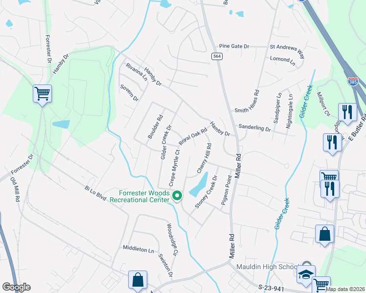 map of restaurants, bars, coffee shops, grocery stores, and more near 106 Royal Oak Rd in Greenville