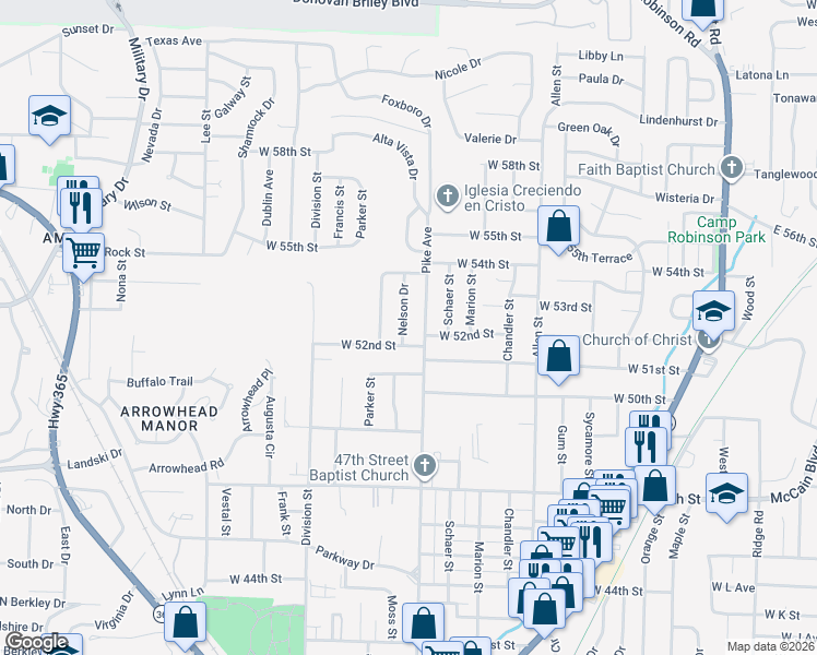 map of restaurants, bars, coffee shops, grocery stores, and more near 5205 Nelson Drive in North Little Rock