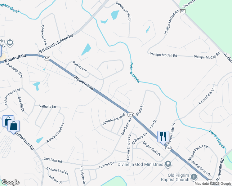 map of restaurants, bars, coffee shops, grocery stores, and more near 318 Nebbiolo Lane in Simpsonville