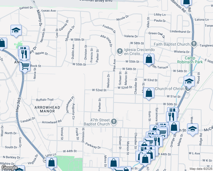 map of restaurants, bars, coffee shops, grocery stores, and more near 5205 Nelson Drive in North Little Rock