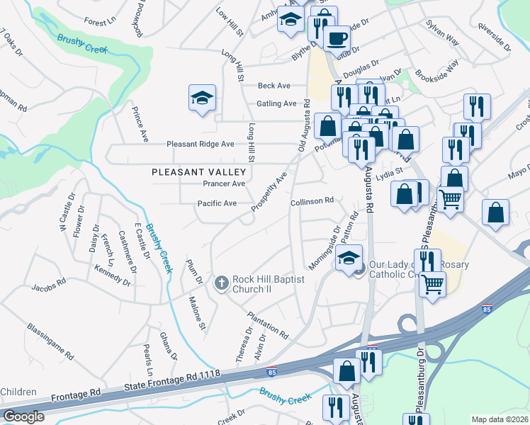map of restaurants, bars, coffee shops, grocery stores, and more near 201 Prosperity Avenue in Greenville