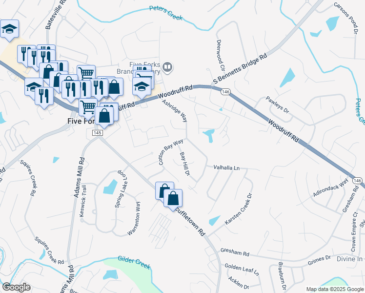 map of restaurants, bars, coffee shops, grocery stores, and more near 3 Bay Hill Drive in Simpsonville