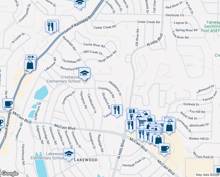 map of restaurants, bars, coffee shops, grocery stores, and more near 2210 Crestwood Road in North Little Rock