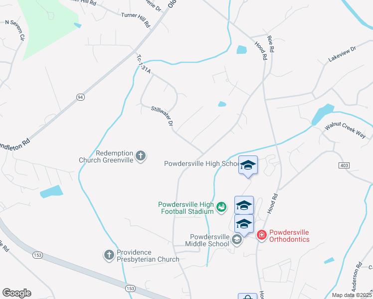 map of restaurants, bars, coffee shops, grocery stores, and more near 107 Stillwater Drive in Greenville
