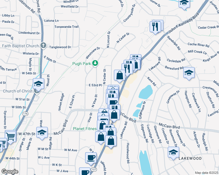 map of restaurants, bars, coffee shops, grocery stores, and more near 5217 North Walnut Road in North Little Rock