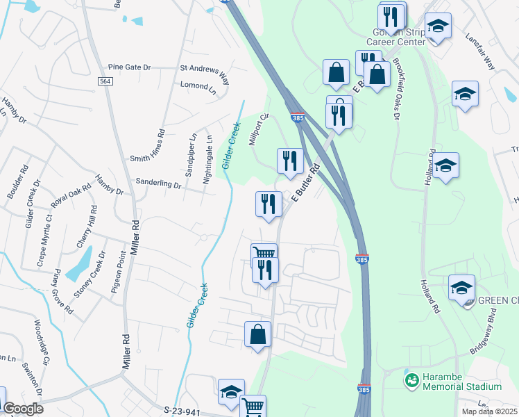 map of restaurants, bars, coffee shops, grocery stores, and more near 815 East Butler Road in Greenville