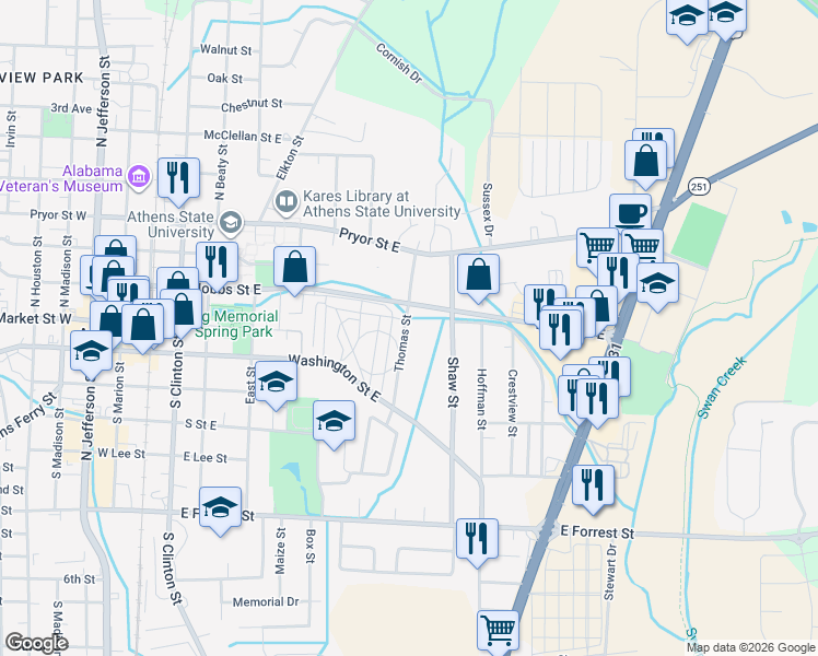 map of restaurants, bars, coffee shops, grocery stores, and more near 303 Thomas Street in Athens