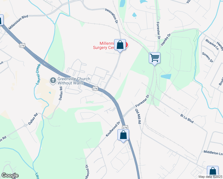 map of restaurants, bars, coffee shops, grocery stores, and more near 2 Innovation Drive in Greenville
