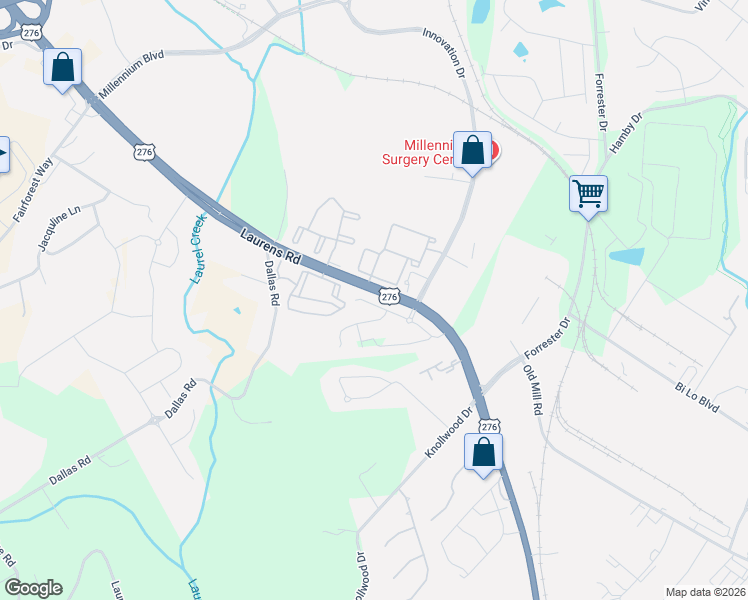 map of restaurants, bars, coffee shops, grocery stores, and more near 3434 Laurens Road in Greenville