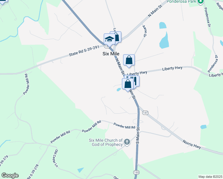 map of restaurants, bars, coffee shops, grocery stores, and more near 120 South Main Street in Six Mile