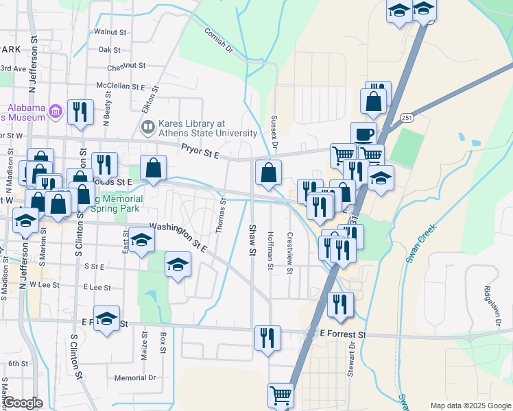map of restaurants, bars, coffee shops, grocery stores, and more near 301 Shaw Street in Athens