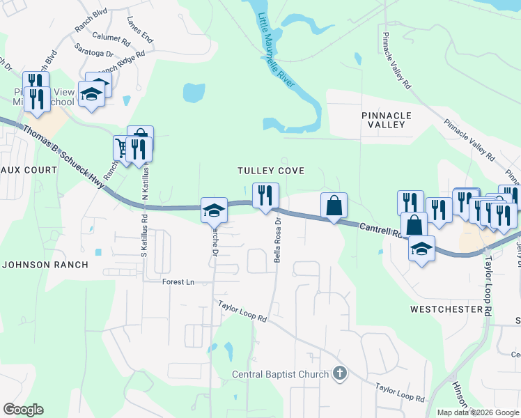map of restaurants, bars, coffee shops, grocery stores, and more near 16005 Cantrell Road in Little Rock