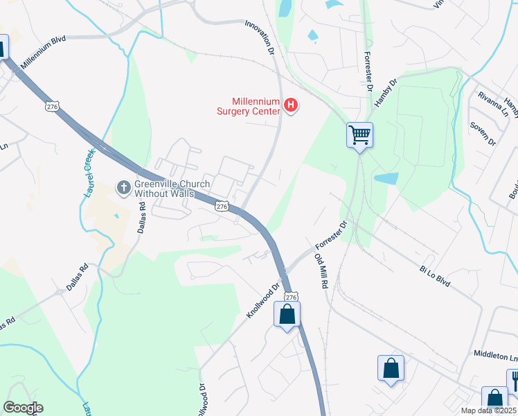 map of restaurants, bars, coffee shops, grocery stores, and more near 2 Innovation Drive in Greenville