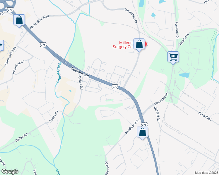 map of restaurants, bars, coffee shops, grocery stores, and more near 3434 Laurens Road in Greenville