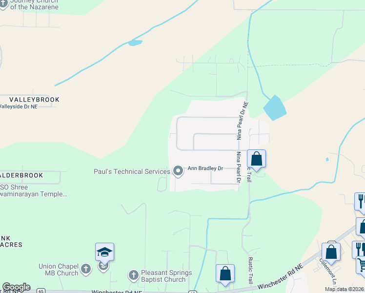 map of restaurants, bars, coffee shops, grocery stores, and more near 221 Frances Amelia Drive Northeast in Huntsville