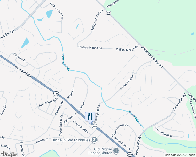 map of restaurants, bars, coffee shops, grocery stores, and more near 422 Phillips McCall Road in Greer