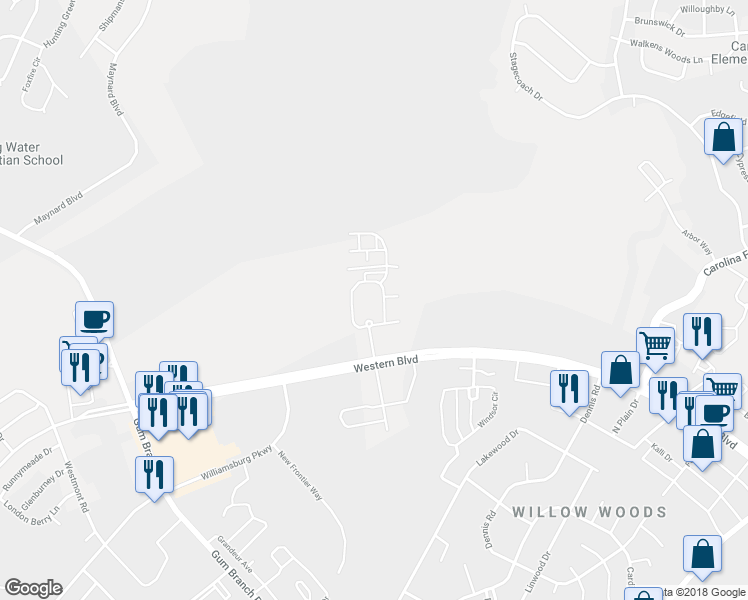 map of restaurants, bars, coffee shops, grocery stores, and more near 5114 Western Boulevard in Jacksonville