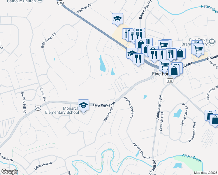 map of restaurants, bars, coffee shops, grocery stores, and more near 4 Cedar Hill Court in Simpsonville