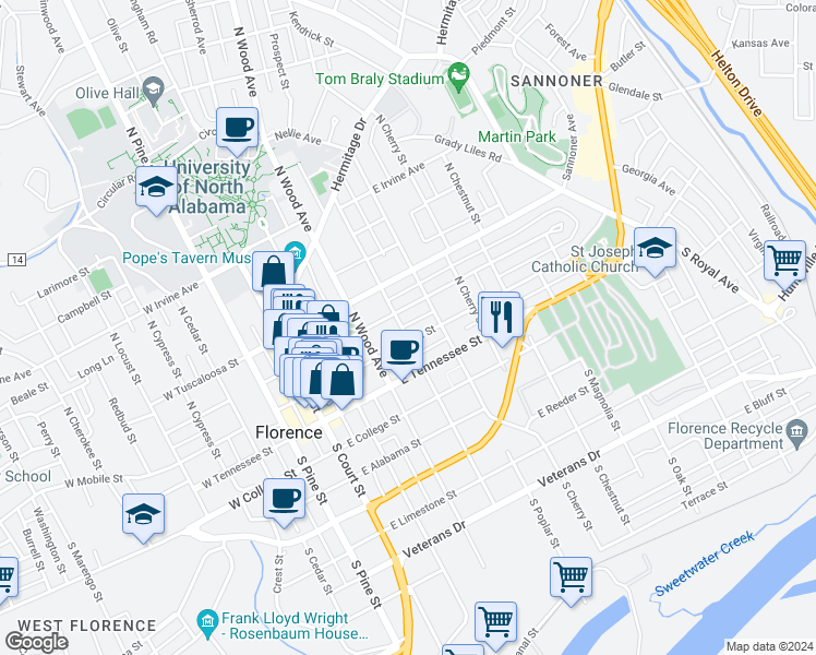 map of restaurants, bars, coffee shops, grocery stores, and more near 208 North Walnut Street in Florence