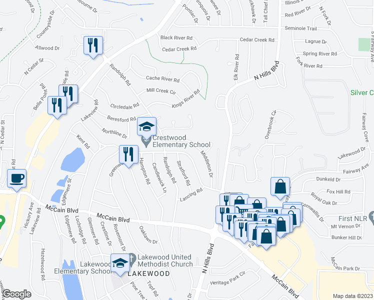 map of restaurants, bars, coffee shops, grocery stores, and more near 2209 Crestwood Road in North Little Rock