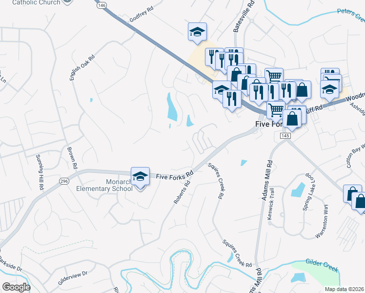 map of restaurants, bars, coffee shops, grocery stores, and more near 4 Cedar Hill Court in Simpsonville