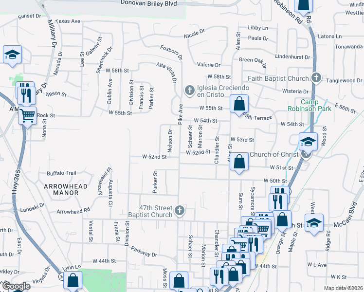 map of restaurants, bars, coffee shops, grocery stores, and more near 5200 Pike Avenue in North Little Rock