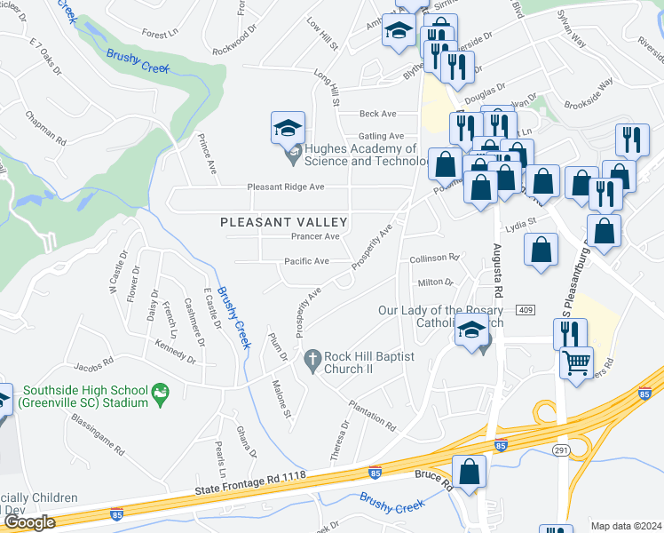 map of restaurants, bars, coffee shops, grocery stores, and more near 9 Pacific Avenue in Greenville