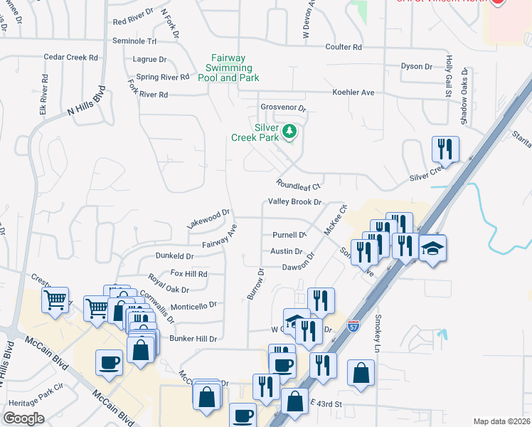 map of restaurants, bars, coffee shops, grocery stores, and more near 450 Valley Brook Drive in North Little Rock