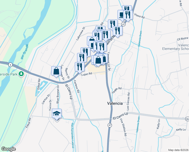 map of restaurants, bars, coffee shops, grocery stores, and more near 12 Lujan Road in Los Lunas