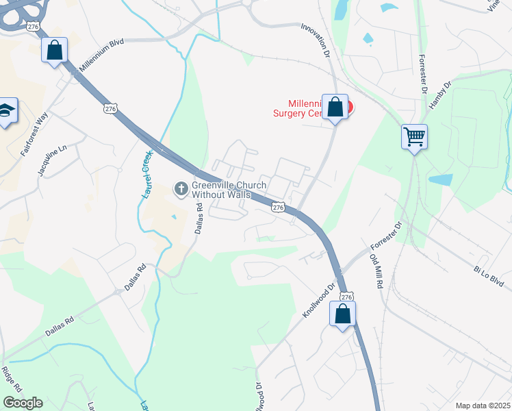 map of restaurants, bars, coffee shops, grocery stores, and more near 3434 Laurens Road in Greenville