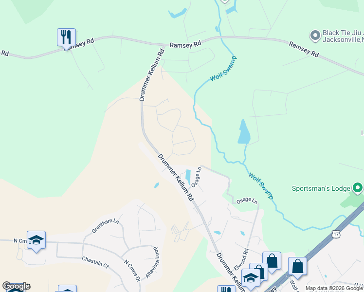 map of restaurants, bars, coffee shops, grocery stores, and more near 270 Drummer Kellum Road in Jacksonville