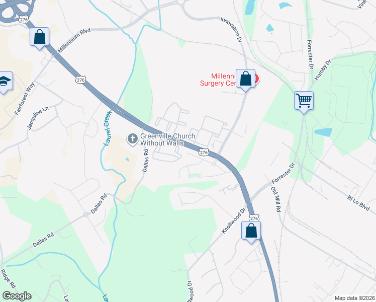 map of restaurants, bars, coffee shops, grocery stores, and more near 3434 Laurens Road in Greenville